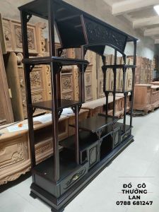 Tủ kê bày đồ gỗ gụ Pu sơn màu đen nâu dài 244 cao lên 217 sâu 47cm kệ bày đồ