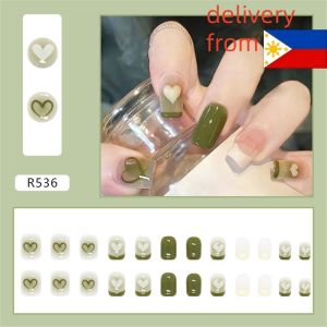 24PCS Detachable Fake Nails for Summer: French Line & Cartoon Chessboard Plaid