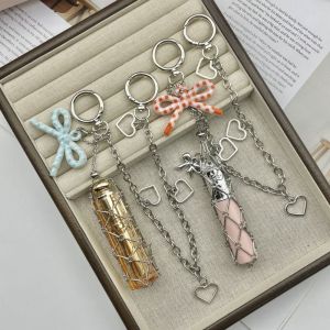 ANANAA Alloy Net Pocket Lipstick Bag Keychain Charm Bag Accessories Interchangeable Lip Balm Keychain Creative Gift Detachable Plaid Bow Lip Balm Bag Key Chain