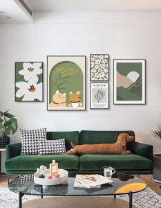 นอร์ดิกที่เรียบง่ายขนาดเล็กสีเขียวสดเรขาคณิตนามธรรมดอกไม้และพืชผสมผสานเฉพาะภาพวาดตกแต่ง 5 กรอบรูปรวมกัน