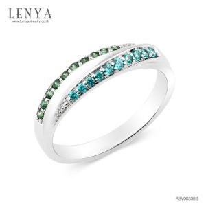 LENYA แหวน CZ สีเขียวและสีฟ้าจาก SWAROVSKI ขนาด 1.50 มิล ตัวเรือนเงินแท้925 ชุบทองคำขาว