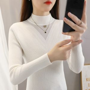 ali Áo Len Nữ Thu Đông Mẫu Mới Cổ Cao Ren Lưới Màu Trơn Ôm Dáng Chui Đầu Dệt Kim Áo Mặc Trong Phối Bên Trong Phong Cách Tây Sành Điệu