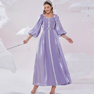 Purple Long Sleeve Fairy Rhinestone Beaded Maxi Dress Puff Sleeves Elegant Outing Party Clothes Front Split Moroccan Caftan Dubai Eid Outfits