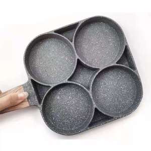 SUPER THICK 4 Hole Wooden Frying Cooking Pot Non-Stick Pancake Maker Stove Breakfast Egg Pan Omelet Pan for Burger Egg Ham Pancake Maker Wooden Handle Frying Pot Cook