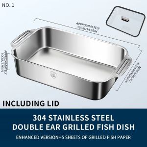 Stainless steel grilled fish dish with double ears and heat-resistant flat bottom with lid