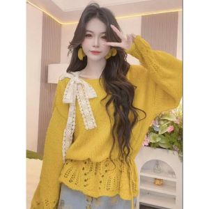 Autumn New Lace Loose and Versatile Sweet Korean Version Strap Hollow Knitted Top for Women
