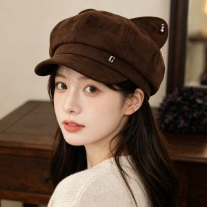 BETTERFORM Da lộn Mũ Beret Tai Mèo Màu đơn sắc Được cá nhân hóa Mũ hình bát giác Thanh lịch Mũ họa sĩ dành cho phụ nữ