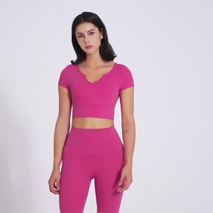 Áo thun nữ thể thao thân trên Yoga áo hở eo tập thể dục ngắn tay dáng ôm