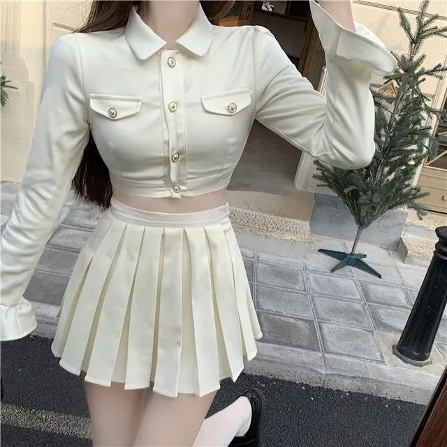 2 Pieces] COCONI Design Suit Women New Korean Style Long Sleeve POLO Collar  Top + Waist Short Pleated Skirt Two Piece Set Baju Perempuan