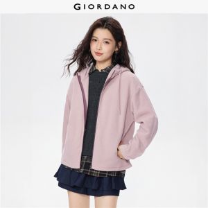 GIORDANO Women Jackets Polar Fleece Contrast Zip Track Hooded Jackets Cozy Soft Warm Fashion Casual Loose Jackets 05375863