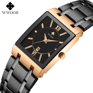WWOOR Top Luxury Men Wristwatch Fashion Square Male Gold Black Casual Watches Japanese Quartz Watch Stainless Steel Bracelet With Calendar