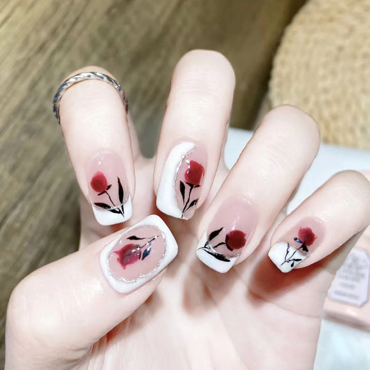 Bộ 24 móng tay giả nailbox trắng viền họa tiết hoa hồng 💖💖 SẴN KEO DÁN ...