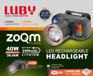 Luby Zoom Flash L-2923L Senter Kepala LED Tahan Air 40W Zoom Baterai 2400mAh untuk Camping & Hiking