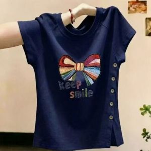 Womens short sleeved summer new print slimming button fashion slit loose casual T-shirt