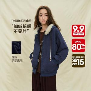 Giordano Women Vintage wash fleece lined faux fur hooded jacket Free Shipping 18375214