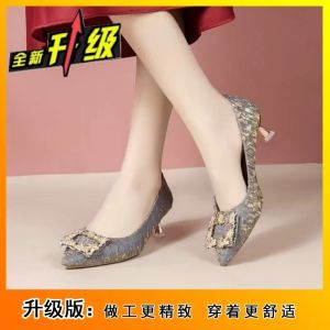 [Free Shipping] Versatile Rhinestone 3Cm 5Cm WomenS High Heels Stiletto New Pointed-Toe Professional Pumps Mid-Heel Work Shoes