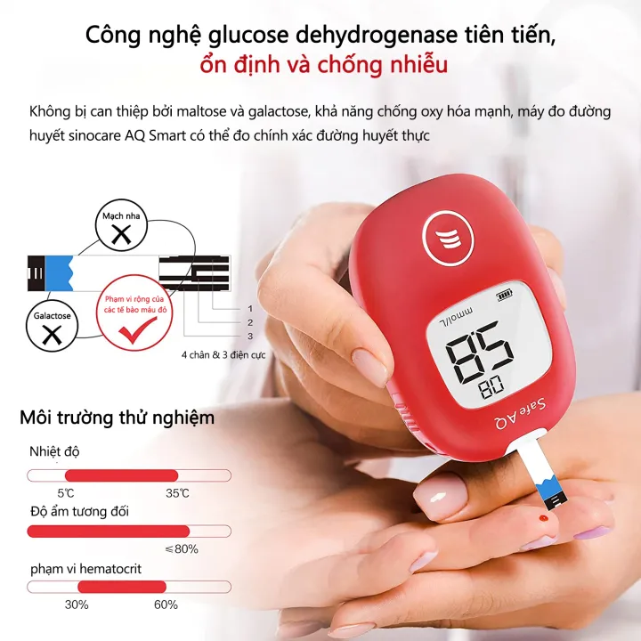 Sinocare Máy Đo Đường Huyết Safe AQ Smart Kèm 50 Que Thử Và 50 Kim Chính Hãng