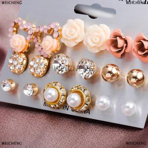 [COD] WEICHENG 9 Pairs Set Womens Flower Ear Studs Earrings Elegant Jewelry Gift