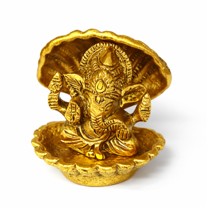 Traditional Gold Plated Ganesha in Shell Cave | Decorative Idol for Home Office Table Decor & Diwali Gift | Showpieces (Size 8×7 cm | 147g)
