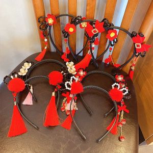 HUIHEYU Cute Sweet Flower Pigtail Wig Pearl Bow Girls Hanfu Hair Hoop Childrens Headband Chinese Style Hair Band New Year Headress