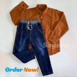 Setelan Kemeja Anak Lengan Panjang Warna Teracotta Celana Jeans Panjang 3-10 Tahun