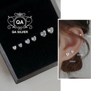 Bông tai bạc 925 trái tim khuyên nụ đá zircon nam nữ tối giản S925 HEART QA SILVER Earrings EA201203