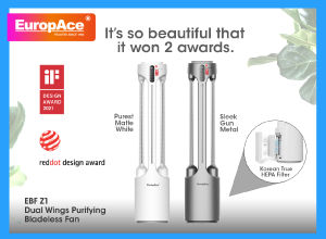 EuropAce Intelligent Dual Wings Air Purifying Bladeless Fan | EBFZ1 | Dual Korean True HEPA Filter AI Smart Wind Patented 3-Way Airflow (Triple Airflow)