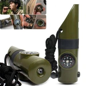7 in 1 Jungle Survival Whistle Hiking Whistle Compass Mirror Flashlight Magnifier LED Light Thermometer Storage Compass Tool