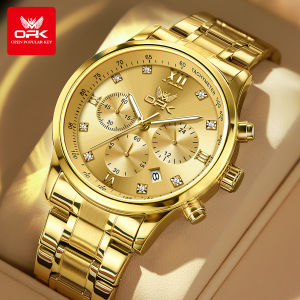 OPK Watch For Mens Waterproof Original Stainless Steel Strap Casual Fashion Chronograph Luminous Calendar Gold Watch