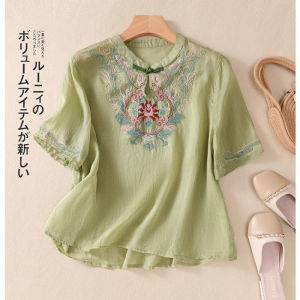 LUCKIN STORE Cotton Linen Tops for Women Womens V-neck Short Sleeve T-shirt Loose Embroidery Tops 2026 Summer New Blouse