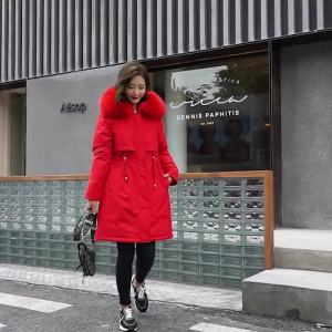 Shipped from China [BIN]2025  Winter New European and American Style Womens Cotton Coat Mid-Length Large Fur Collar Fleece-Lined Cotton Jacket Cotton Padded Jacket Coat