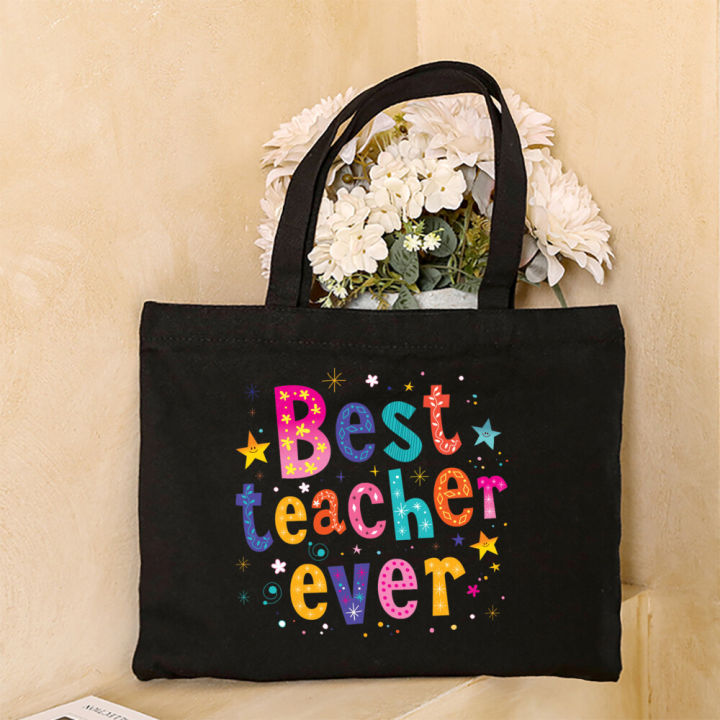 Best Teacher Print Canvas Zipper Bag Fashion Black Tote Bags Ladies  Shoulder Bgas Bookbag Teacher's Day Gift