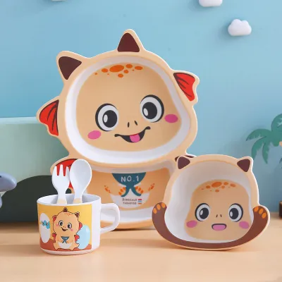Bamboo Fiber Childrens Cute Cartoon Divided Plate Dinosaur Baby Eating Bowl Tableware Set Childrens Supplementary Food Plate ☀0414x