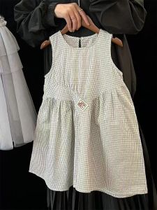 Dress Anak Perempuan Import Kotak-Kotak Tanpa Gambar Simple Label Kancing Belakang