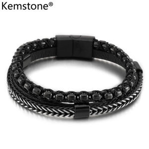 Kemstone Stainless Steel Multi-Layer Leather Woven Chain Magnetic Snap Bracelet for Men