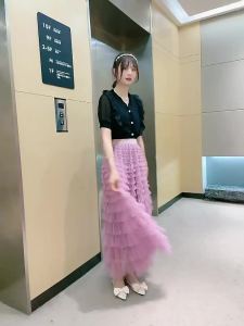 2210 Mesh Ruffle Hem Midi  WomenS Spring Autumn Socialite Long  Slimming Cake Skirt