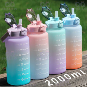 🔥READY STOCK🔥2 Liter Travel Fitness Water Bottle Sport Drinking Bottle with Straw Cute Sticker BPA Free Botol Air 2000ml 渐变色水瓶 [C15]