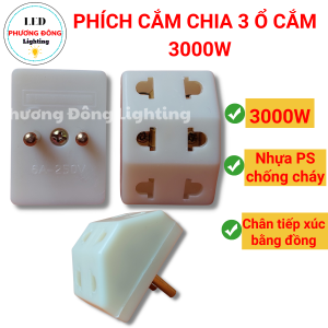 Phích cắm chia 3 ổ cắm - 3000W - Phích cắm chuyển đổi 3 chấu sang 2 chấu