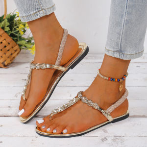 Free Shipping Summer Rhinestone Flip-Flops Vacation-Style Roman Sandals With A Chain Detail Beach Sandals For Women Flat-Soled Sandals