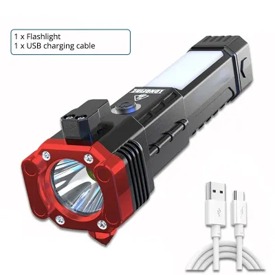 Powerful COB LED Solar Flashlight Car Torch with Safety Hammer Strong Magnet Side Light Portable Lantern for Outdoor Working Emergency