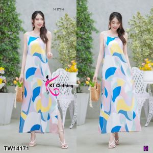 TW14171 เดรสยาวสายเดี่ยว ลายกราฟฟิก