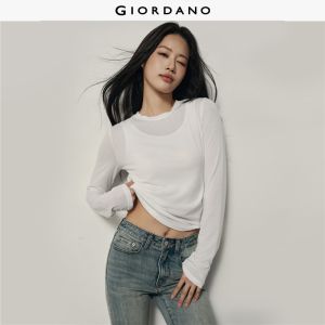Giordano Women Crewneck long sleeve curved hem tee Free Shipping 05325863