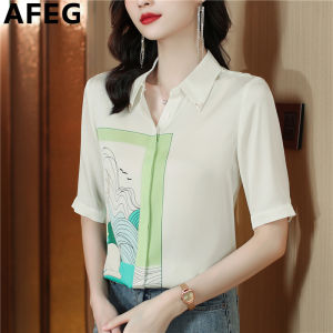 AFEG New Korean Style Shirt Collar Fashion Loose Versatile Chiffon Print Five Point Sleeve Blouse for women