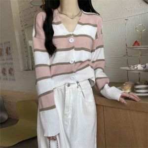 🦋 VEVE Striped Short Sweater Coat Womens Spring And Autumn Gentle Style Knitted Cardigan Top