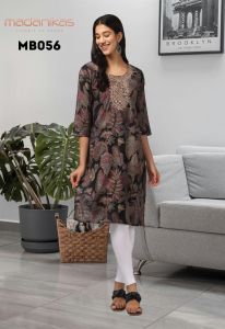 MADANIKAS Womens Straight Cut Kurti with Gold Embroidery Neckline MB Series