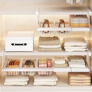 Extendable Bedroom Hanging Storage Rack Cabinet Under-Shelf Kitchen Storage Rack Wardrobe Organizer