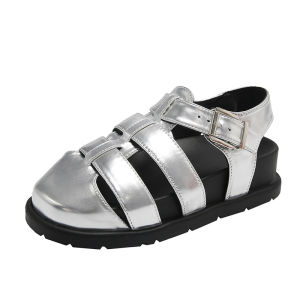 Thick-soled Casual Roman Baotou Sandals Womens Summer New Hong Kong Style Retro Cut-out Woven Silver Pigcage Shoes