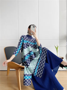 [NOVA quality] Miyake pleated digital personalized print ladies temperament dress new spring and summer western style slim plus size skirt high-end belly cover A-line dress