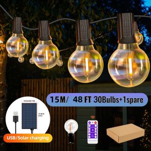 (Including ties)G40 LED Solar Fairy Lights 15M Waterproof Outdoor Patio String Lights with USB Rechargeable & Remote Control 2200K for Garden & Porch