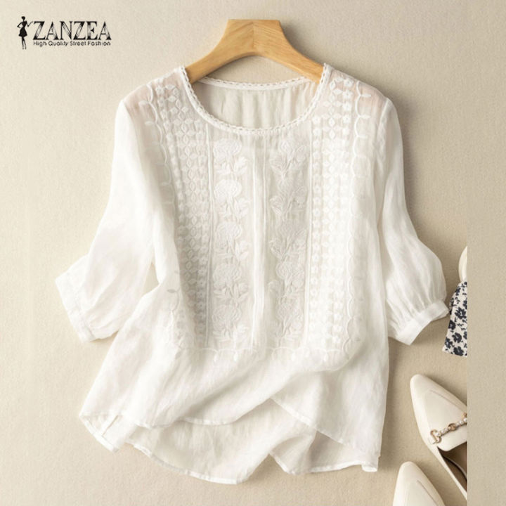 ZANZEA Womens Floral Embroidery 3/4 Sleeve Tops Cotton Linen High Low ...